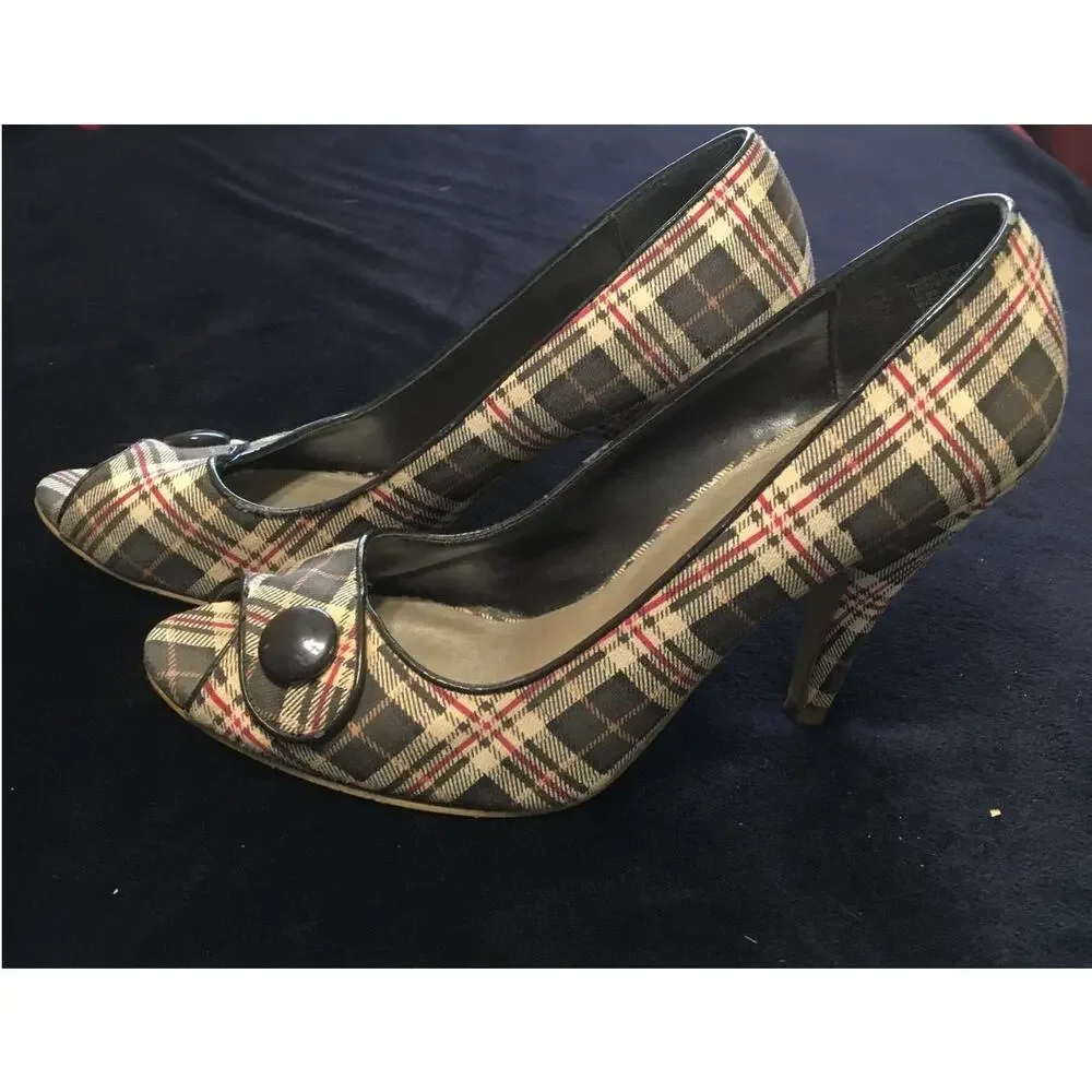 Diba Girl Shoes Brown, Tan & Red Plaid Peep Toe Pin Up Leather Sole 4